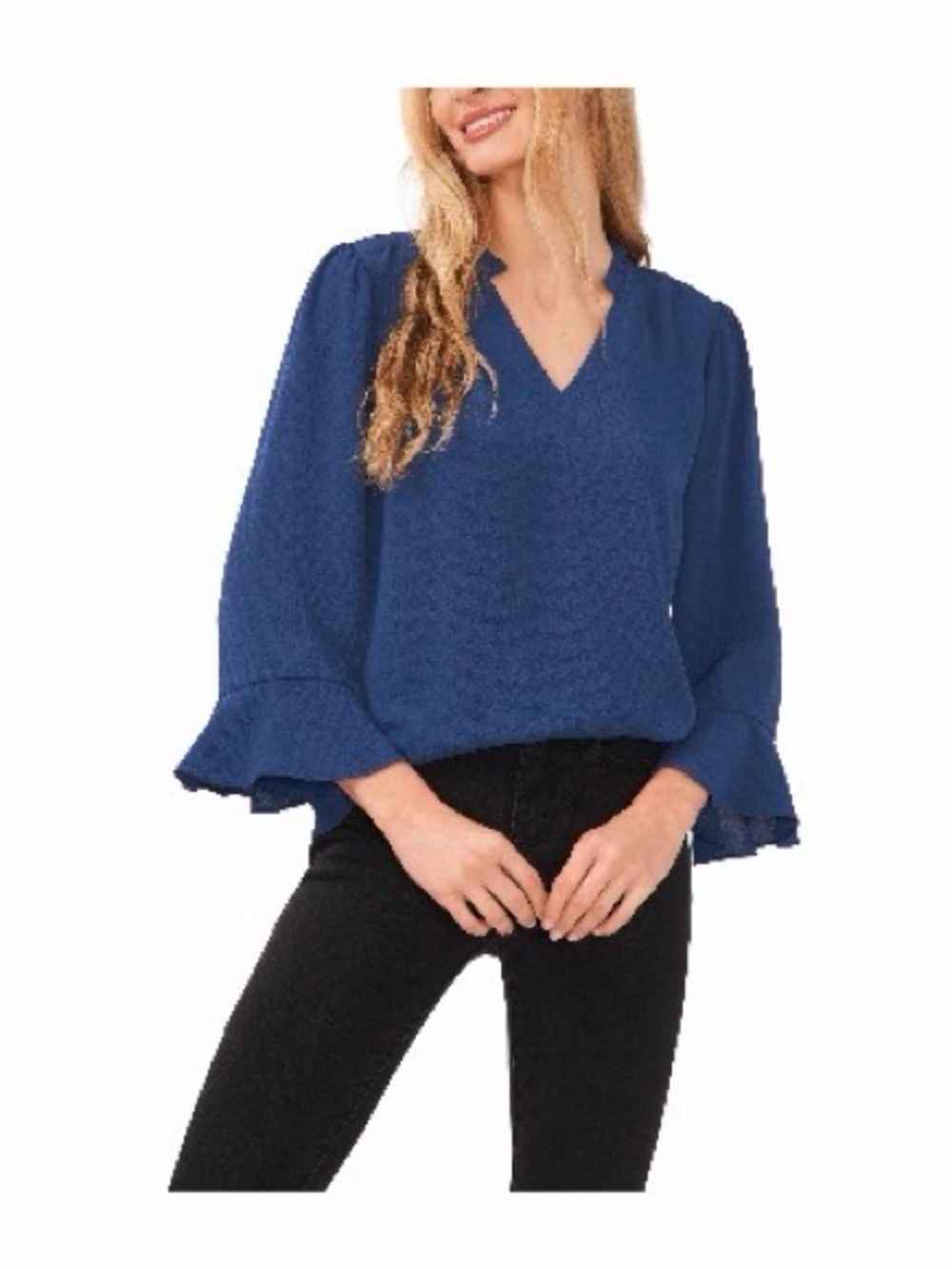 Cece Ruffle Cuff Crepe office work Blouse Navy blue 3/4 sleeve small